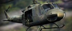 CG image render of 3D modeled Huey green camouflage Bell UH-1 Huey flying