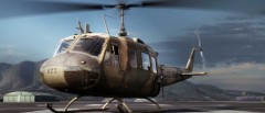 CG image render of 3D modeled Huey brown camouflage Bell UH-1 Huey taking off