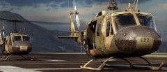 CG image render of two 3D modeled brown camouflage Bell UH-1 Hueys taking off